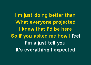 Pm just doing better than
What everyone projected
I knew that Pd be here

So if you asked me how I feel
Pm a just tell you
It's everything I expected