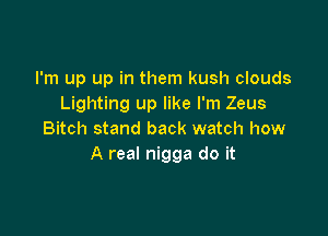 I'm up up in them kush clouds
Lighting up like I'm Zeus

Bitch stand back watch how
A real nigga do it