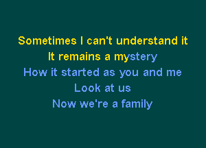 Sometimes I can't understand it
It remains a mystery
How it started as you and me

Look at us
Now we're a family
