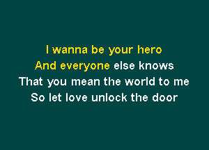 I wanna be your hero
And everyone else knows

That you mean the world to me
So let love unlock the door