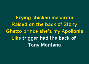 Frying chicken macaroni
Raised on the back of Stony
Ghetto prince she's my Apollonia

Like trigger had the back of
Tony Montana
