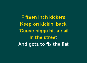 Fifteen inch kickers
Keep on kickin' back
'Cause nigga hit a nail

In the street
And gots to fix the flat