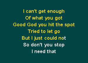 I can't get enough
Of what you got
Good God you hit the spot

Tried to let go
But I just could not
So don't you stop

I need that