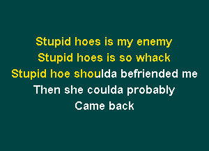 Stupid hoes is my enemy
Stupid hoes is so whack
Stupid hoe shoulda befriended me

Then she coulda probably
Came back