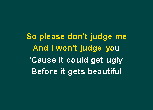 So please don't judge me
And I won't judge you

'Cause it could get ugly
Before it gets beautiful