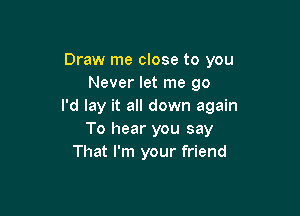 Draw me close to you
Never let me go
I'd lay it all down again

To hear you say
That I'm your friend