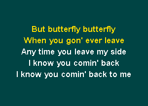 But butterfly butterfly
When you gon' ever leave
Any time you leave my side

I know you comin' back
I know you comin' back to me