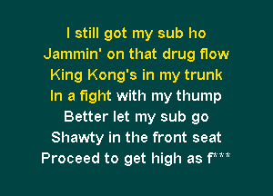 I still got my sub ho
Jammin' on that drug flow
King Kong's in my trunk
In a fight with my thump
Better let my sub go
Shawty in the front seat

Proceed to get high as fm l