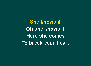 She knows it
on she knows it

Here she comes
To break your heart