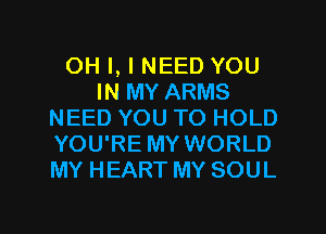 OH I, I NEED YOU
IN MY ARMS
NEED YOU TO HOLD
YOU'RE MY WORLD
MY HEART MY SOUL