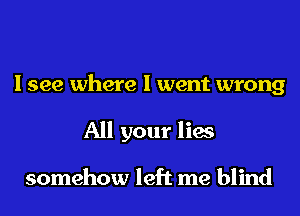 I see where I went wrong
All your lies

somehow left me blind