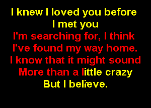 I knew I loved you before
I met you
I'm searching for, I think
I've found my way home.
I know that it might sound
More than a little crazy
But I believe.