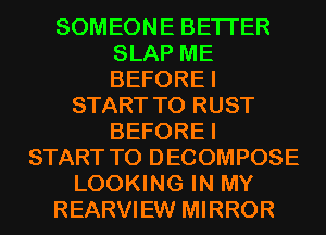 SOMEONE BETTER
SLAP ME
BEFOREI

START T0 RUST
BEFOREI
START T0 DECOMPOSE
LOOKING IN MY
REARVIEW MIRROR