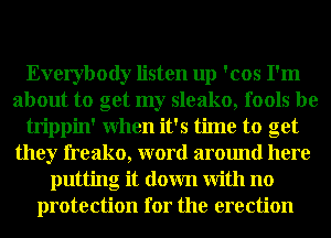 Everybody listen up 'cos I'm
about to get my sleako, fools be
trippin' When it's time to get
they freako, word around here
putting it down With no
protection for the erection