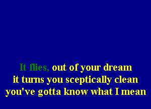 It ilies, out of your dream
it turns you sceptically clean
you've gotta knowr What I mean