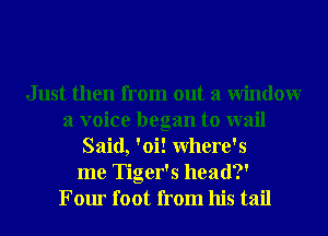 Just then from out a Window
a voice began to wail
Said, 'oi! Where's
me Tiger's head?
Four foot from his tail
