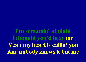 I'm screamin' at night
I thought you'd hear me
Yeah my heart is callin' you
And nobody knows it but me
