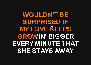 WOULDN'T BE
SURPRISED IF
MY LOVE KEEPS
GROWIN' BIGGER
EVERY'MINUTE'I HAT
SHE STAYS AWAY