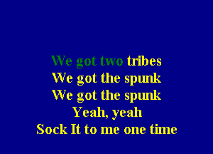We got two tribes

We got the spunk
We got the spunk
Yeah, yeah
Sock It to me one time