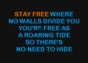 STAY FREEWHERE
NO WALLS DIVIDEYOU
YOU'RE FREE AS
A ROARING TIDE
SO THERE'S

NO NEED TO HIDE l