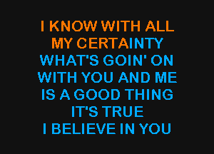 IKNOW WITH ALL
MY CERTAINTY
WHAT'S GOIN' ON
WITH YOU AND ME
IS A GOOD THING
IT'S TRUE

I BELIEVE IN YOU I