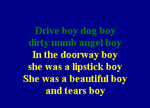 Drive boy (log boy
dirty numb angel boy
In the doorway boy
she was a lipstick boy
She was a beautiful boy
and tears boy