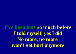 I've been hurt so much before
I told myself, yes I did
N o more, no more
won't get hurt anymore