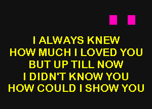 I ALWAYS KNEW
HOW MUCH I LOVED YOU
BUT UP TILL NOW

I DIDN'T KNOW YOU
HOW COULD I SHOW YOU