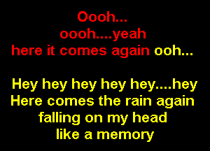 Oooh...
oooh....yeah
here it comes again ooh...

Hey hey hey hey hey....hey
Here comes the rain again
falling on my head
like a memory