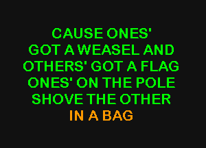 CAUSE ONES'
GOTAWEASEL AND
OTHERS' GOT A FLAG
ONES' ON THE POLE
SHOVE THE OTHER
IN A BAG