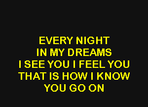 EVERY NIGHT
IN MY DREAMS
I SEE YOU I FEEL YOU
THAT IS HOW I KNOW
YOU GO ON