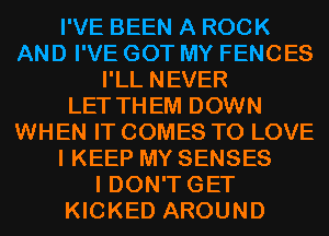 I'VE BEEN A ROCK
AND I'VE GOT MY FENCES
I'LL NEVER
LET THEM DOWN
WHEN IT COMES TO LOVE
I KEEP MY SENSES
I DON'TGET
KICKED AROUND