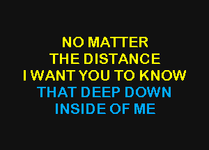 NO MATTER
THE DISTANCE
IWANT YOU TO KNOW
THAT DEEP DOWN
INSIDE OF ME

g
