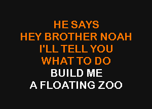 HE SAYS
HEY BROTHER NOAH
I'LL TELL YOU

WHAT TO DO
BUILD ME
A FLOATING ZOO