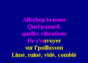 Alltizhop la nana
Quel panard,
quelles vibrations
De s'envoyer
sur l'paillasson
Lime'a, ruim'e, vidia, combw