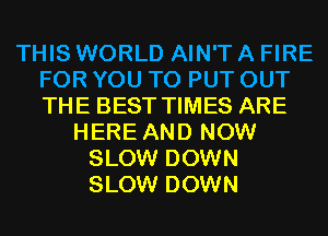 THIS WORLD AIN'T A FIRE
FOR YOU TO PUT OUT
THE BEST TIMES ARE

HERE AND NOW
SLOW DOWN
SLOW DOWN