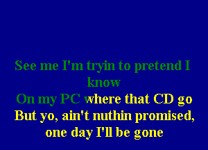 See me I'm tryin to pretend I
knowr
On my PC Where that CD go
But yo, ain't nuthin promised,
one day I'll be gone