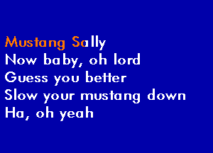 Mustang Sally
Now be by, oh lord

Guess you heifer
Slow your mustang down

Ha, oh yeah