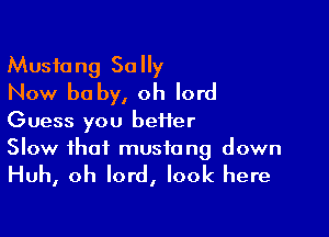 Mustang Sally
Now be by, oh lord

Guess you heifer
Slow that mustang down

Huh, oh lord, look here