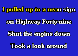 I pulled up to a neon sign
on Highway Forty-nine
Shut the engine down

Took a look around