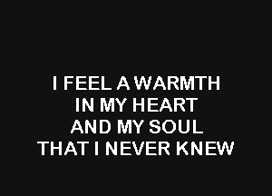 I FEEL A WARMTH

IN MY HEART
AND MY SOUL
THATI NEVER KNEW