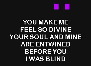 YOU MAKE ME
FEEL SO DIVINE
YOUR SOULAND MINE
ARE ENTWINED

BEFORE YOU
IWAS BLIND l