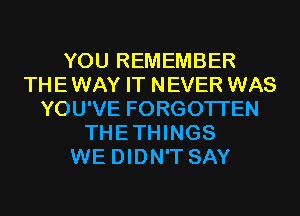 YOU REMEMBER
THEWAY IT NEVER WAS
YOU'VE FORGOTTEN
THETHINGS
WE DIDN'T SAY