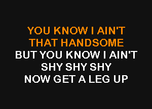 YOU KNOW I AIN'T
THAT HANDSOME

BUT YOU KNOW I AIN'T
SHY SHY SHY
NOW GET A LEG UP