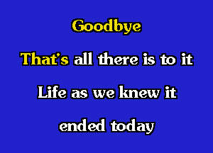 Goodbye
That's all there is to it

Life as we knew it

ended today