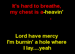 It's hard to breathe,
my chest is a-heavin'

Lord have mercy
I'm burnin' a hole where
I lay....yeah