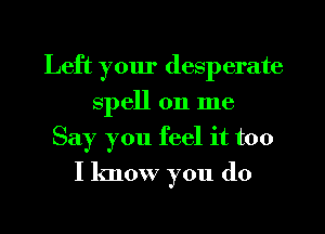 Left your desperate
spell on me
Say you feel it too
I know you (10