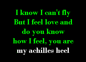 I know I can't fly
But I feel love and
do you know
how I feel, you are

my achjlles heel