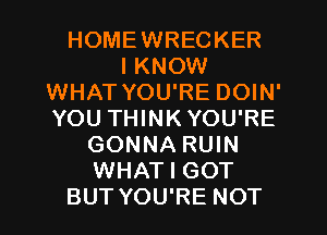 HOMEWRECKER
I KNOW
WHAT YOU'RE DOIN'
YOU THINK YOU'RE
GONNA RUIN
WHAT I GOT
BUT YOU'RE NOT