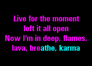 Live for the moment
left it all open
Now I'm in deep, flames,
lava, breathe, karma